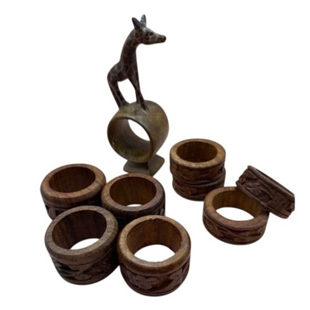 Hand Carved Wood Napkin Rings Various Lot‎ Set Rustic Home Decor Giraffe